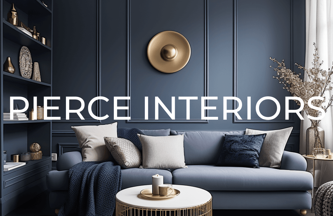 An image of a blue colored interior of a living room with a large text 'Pierce interiors' over